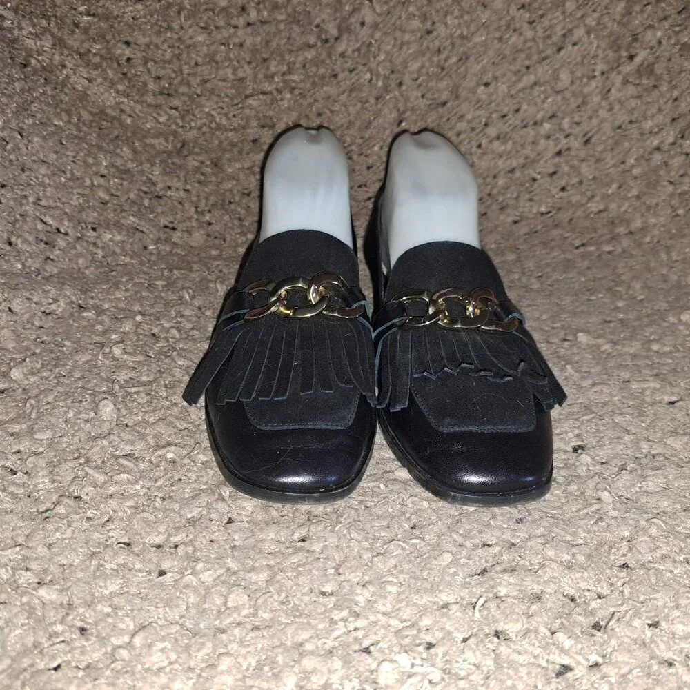 MASSIMO DUTTI-Black Nappa Leather Chain Suede Kiltie Loafers-Sz 37-Excellent - Picture 3 of 8